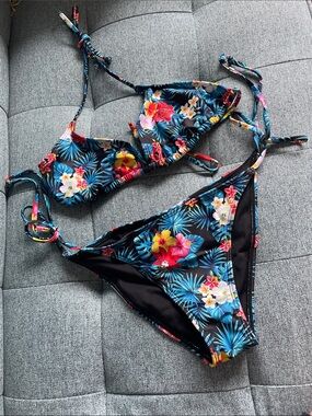 Liquid Black Tropical Floral Swimwear with Blue, Pink and Yellow Accents